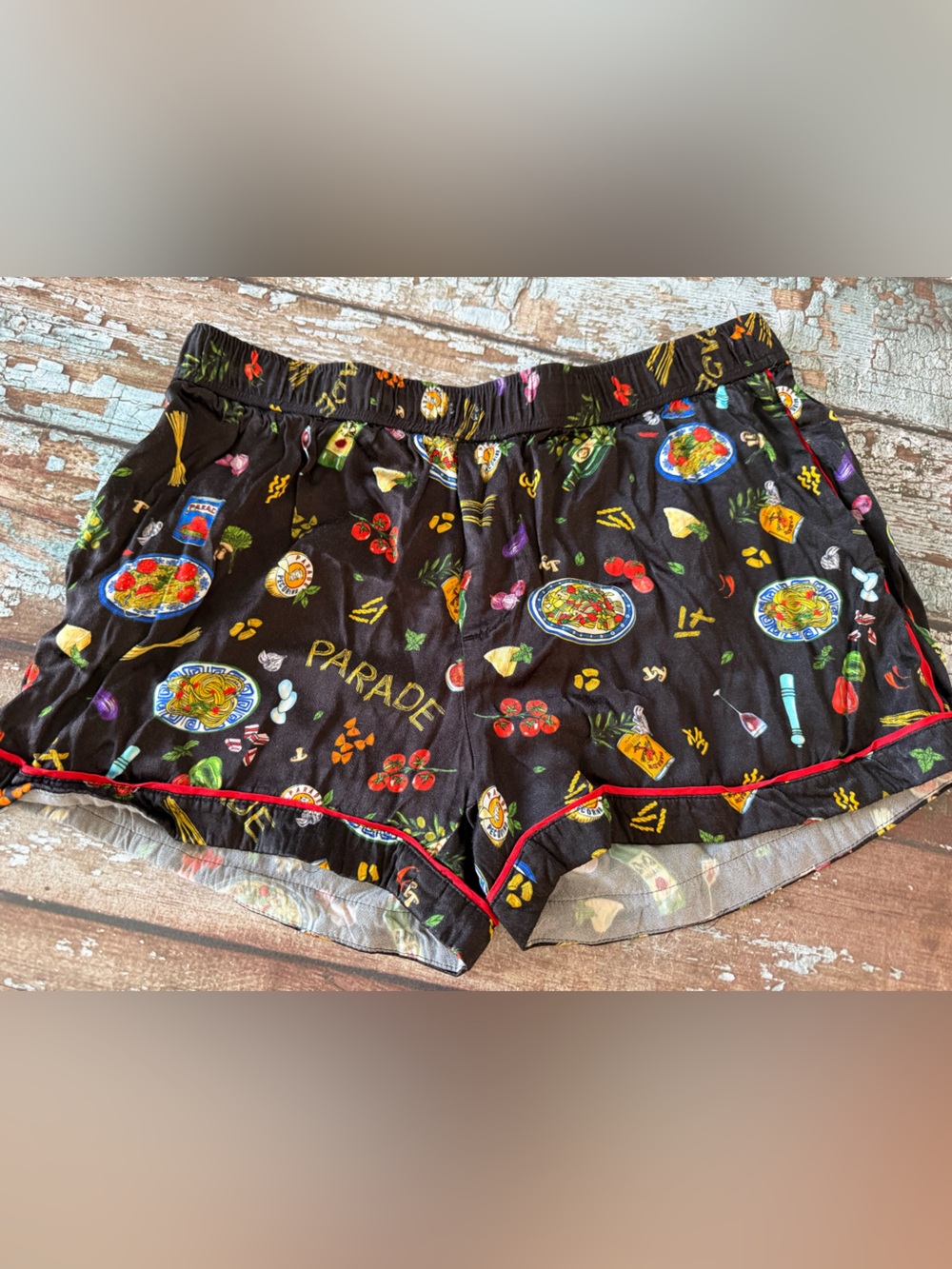 Women's Parade Luxe Easy Sleep Black Food Printed Pajama Shorts with Red Trim M